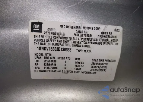 2003 Chevrolet Venture Warner Bros. Edition z USA, uszkodzony, nr VIN 1GNDV13E83D130368